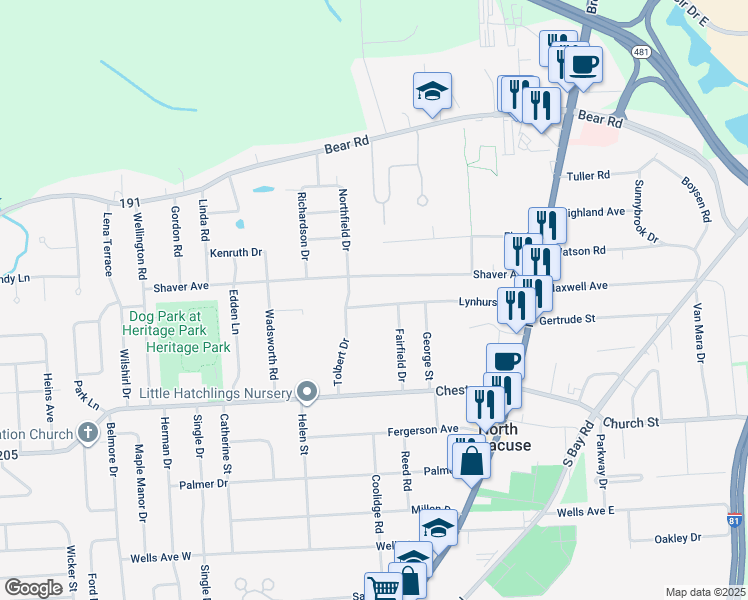 map of restaurants, bars, coffee shops, grocery stores, and more near 219 Lynhurst Avenue in Syracuse