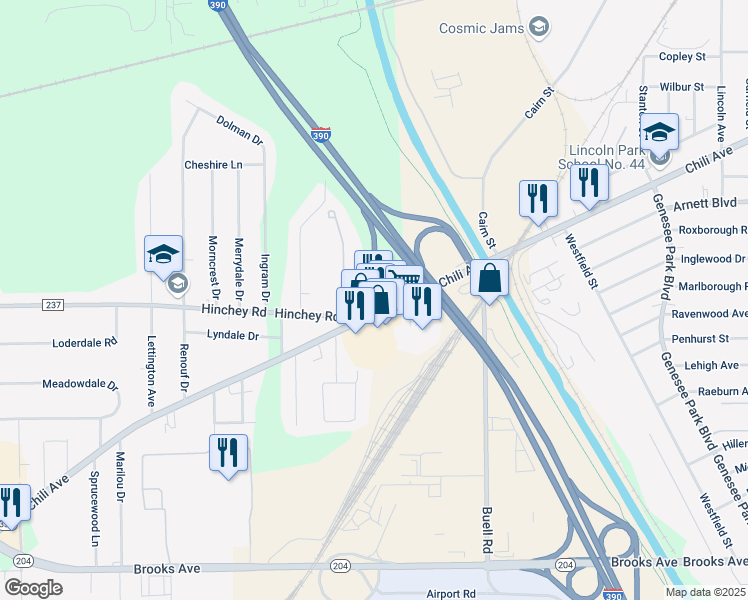 map of restaurants, bars, coffee shops, grocery stores, and more near 1300 Chili Avenue in Rochester