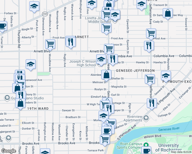 map of restaurants, bars, coffee shops, grocery stores, and more near 82 Melrose Street in Rochester