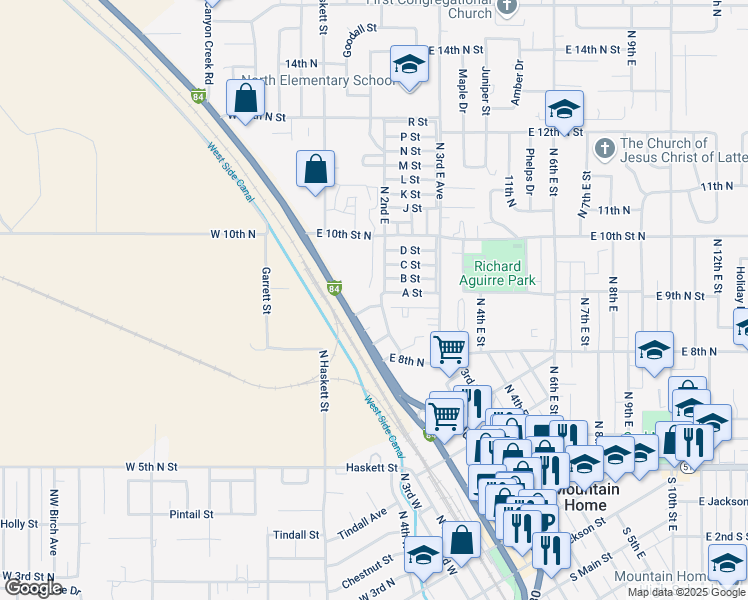 map of restaurants, bars, coffee shops, grocery stores, and more near 140 Bitterbrush Court in Mountain Home