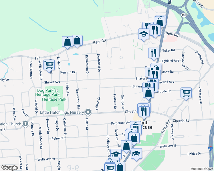 map of restaurants, bars, coffee shops, grocery stores, and more near 219 Lynhurst Avenue in Syracuse