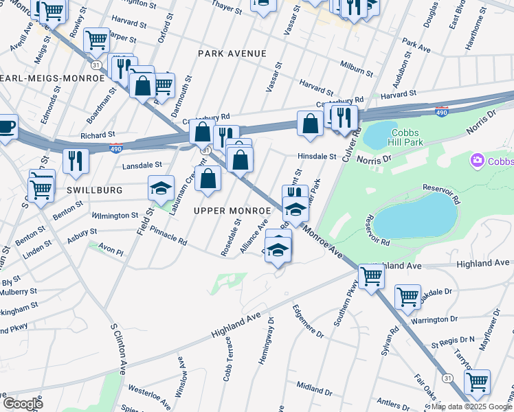 map of restaurants, bars, coffee shops, grocery stores, and more near 41 Alliance Avenue in Rochester