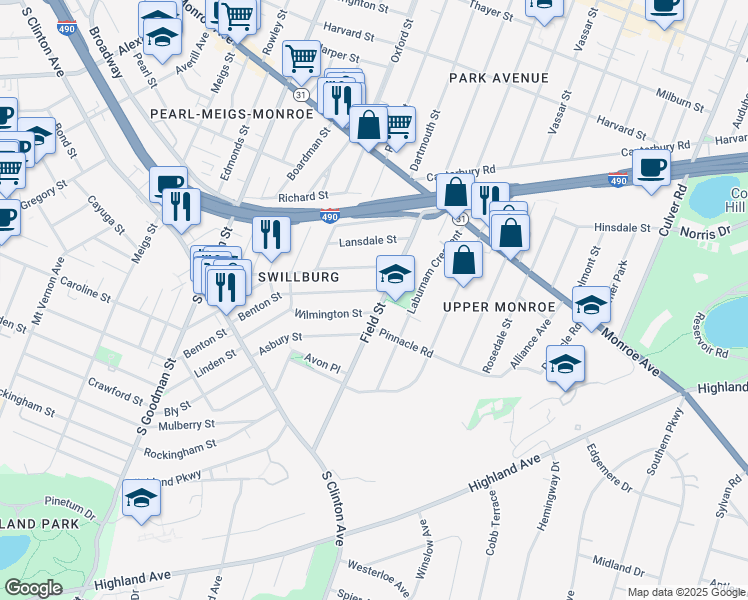 map of restaurants, bars, coffee shops, grocery stores, and more near 201 Field Street in Rochester