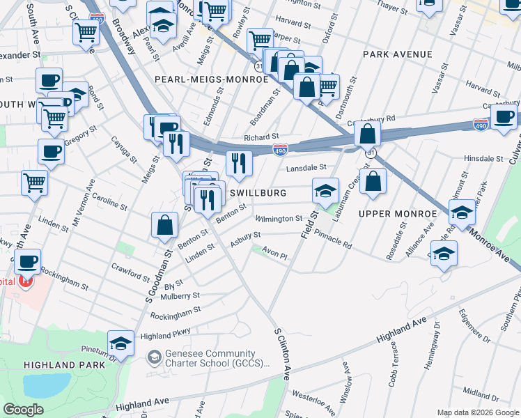 map of restaurants, bars, coffee shops, grocery stores, and more near 17 Wilmington Street in Rochester
