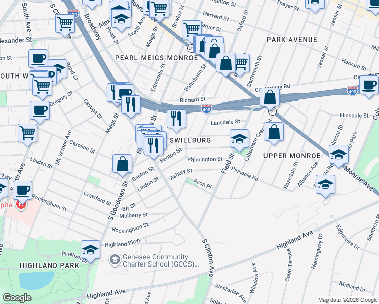 map of restaurants, bars, coffee shops, grocery stores, and more near 17 Wilmington Street in Rochester