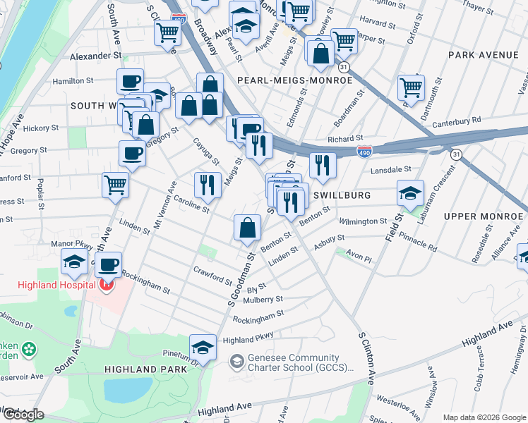 map of restaurants, bars, coffee shops, grocery stores, and more near 400 Caroline Street in Rochester