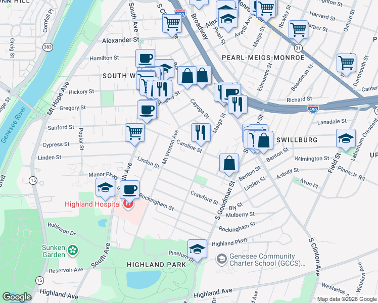 map of restaurants, bars, coffee shops, grocery stores, and more near 72 Benton Street in Rochester