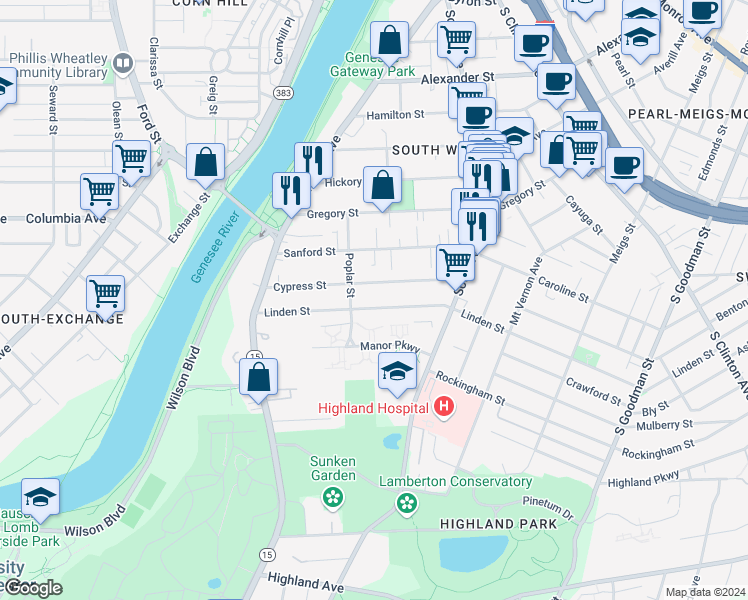 map of restaurants, bars, coffee shops, grocery stores, and more near 145 Linden Street in Rochester