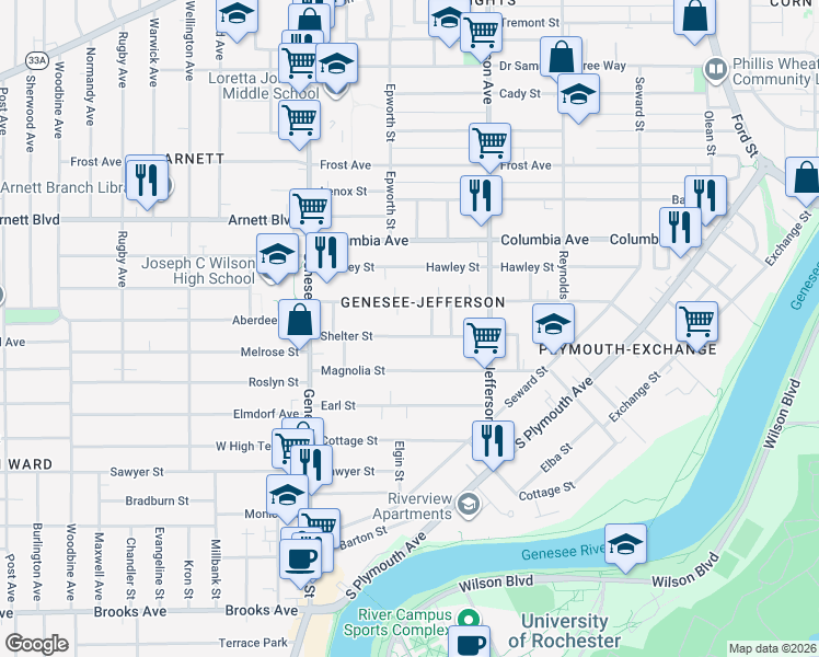 map of restaurants, bars, coffee shops, grocery stores, and more near 123 Shelter Street in Rochester