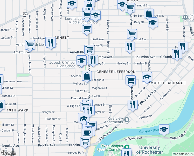 map of restaurants, bars, coffee shops, grocery stores, and more near 177 Shelter Street in Rochester