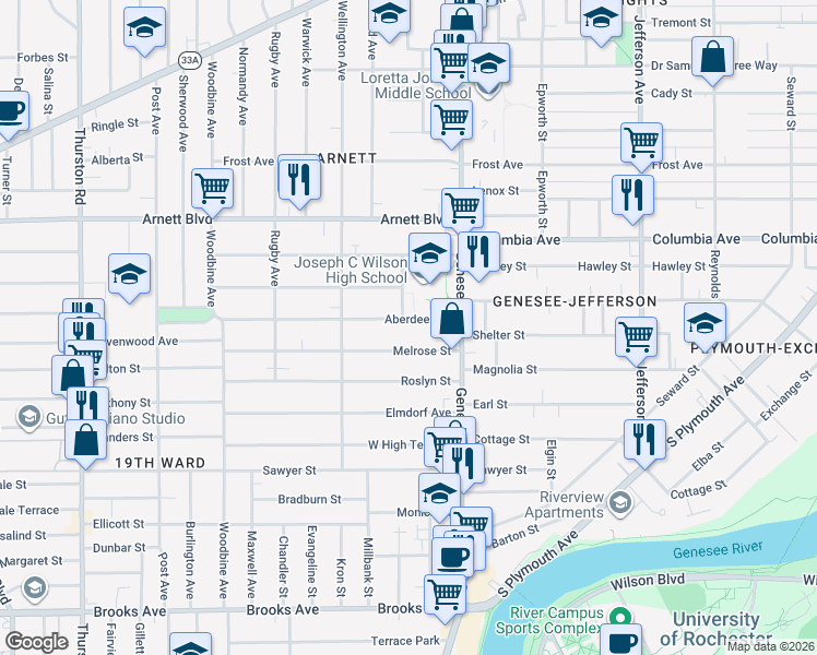 map of restaurants, bars, coffee shops, grocery stores, and more near 82 Melrose Street in Rochester
