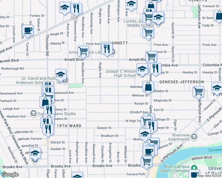 map of restaurants, bars, coffee shops, grocery stores, and more near 171 Melrose Street in Rochester