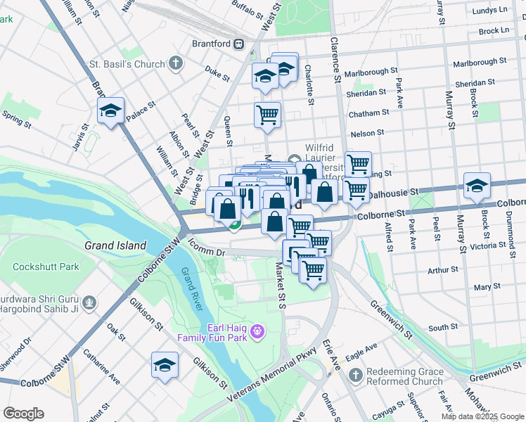 map of restaurants, bars, coffee shops, grocery stores, and more near in Brantford