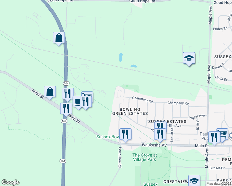 map of restaurants, bars, coffee shops, grocery stores, and more near Champeny Road in Sussex