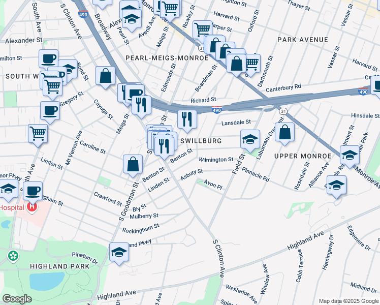 map of restaurants, bars, coffee shops, grocery stores, and more near 403 Benton Street in Rochester