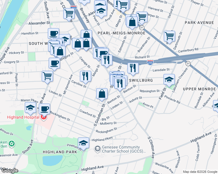 map of restaurants, bars, coffee shops, grocery stores, and more near 400 Caroline Street in Rochester