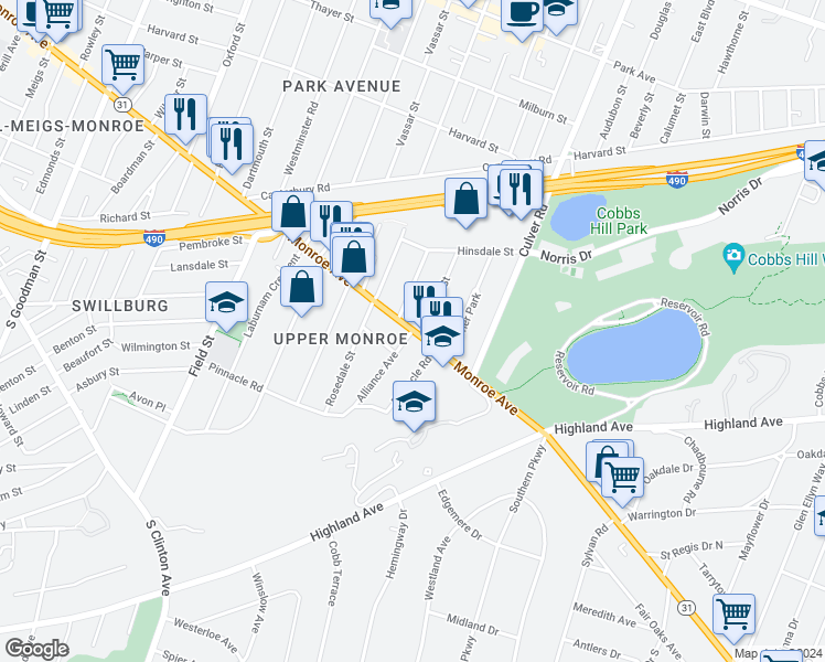 map of restaurants, bars, coffee shops, grocery stores, and more near Monroe Avenue & Alliance Avenue in Rochester