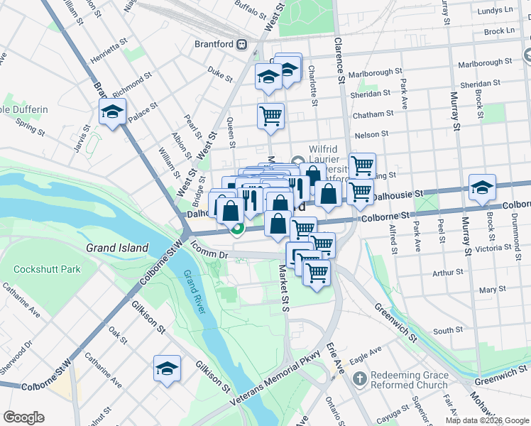 map of restaurants, bars, coffee shops, grocery stores, and more near in Brantford