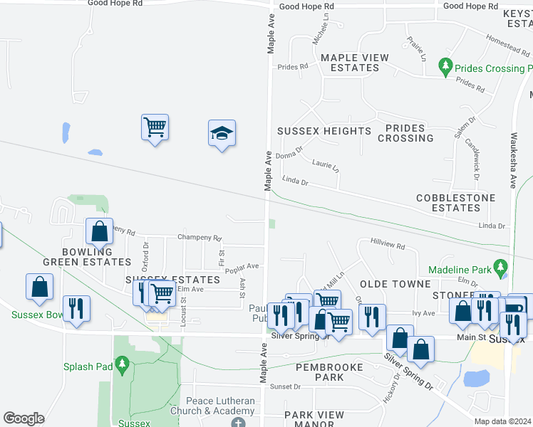 map of restaurants, bars, coffee shops, grocery stores, and more near 6666 Maple Avenue in Sussex