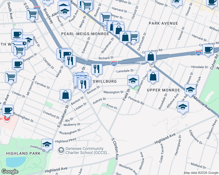 map of restaurants, bars, coffee shops, grocery stores, and more near 17 Wilmington Street in Rochester