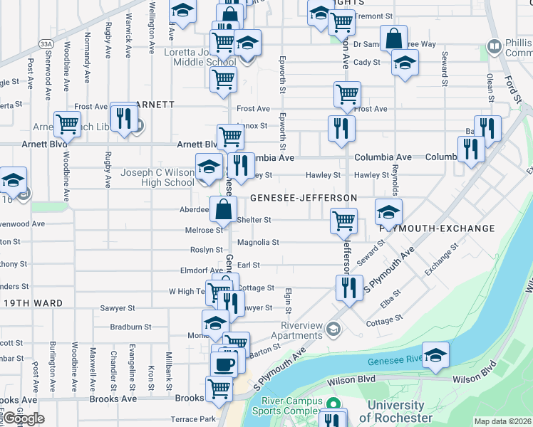 map of restaurants, bars, coffee shops, grocery stores, and more near 177 Shelter Street in Rochester