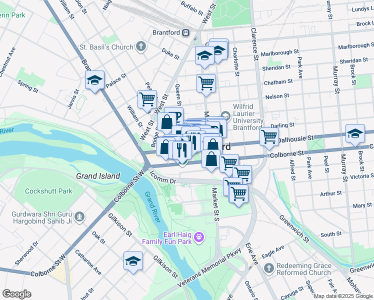 map of restaurants, bars, coffee shops, grocery stores, and more near 93 Dalhousie Street in Brantford