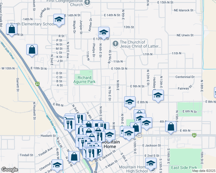 map of restaurants, bars, coffee shops, grocery stores, and more near 850 North 6th East Street in Mountain Home