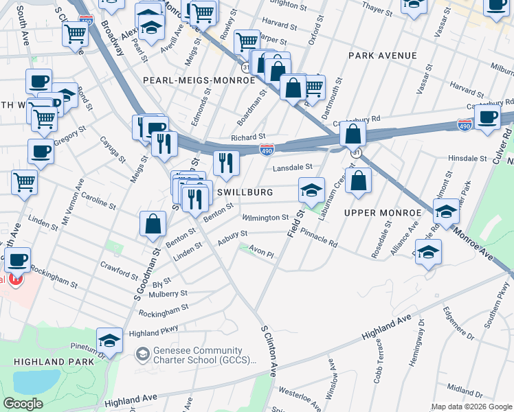 map of restaurants, bars, coffee shops, grocery stores, and more near 17 Wilmington Street in Rochester