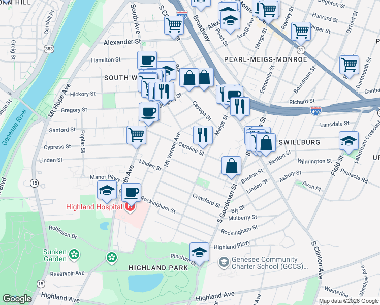 map of restaurants, bars, coffee shops, grocery stores, and more near 72 Benton Street in Rochester