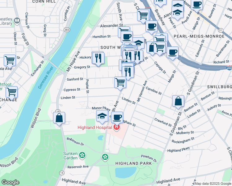 map of restaurants, bars, coffee shops, grocery stores, and more near 247 Linden Street in Rochester
