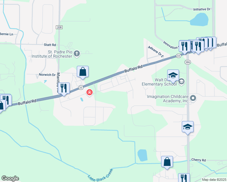 map of restaurants, bars, coffee shops, grocery stores, and more near 22 Eastview Commons Road in Rochester