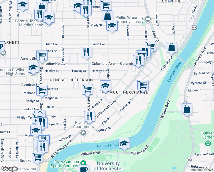 map of restaurants, bars, coffee shops, grocery stores, and more near 331 Reynolds Street in Rochester