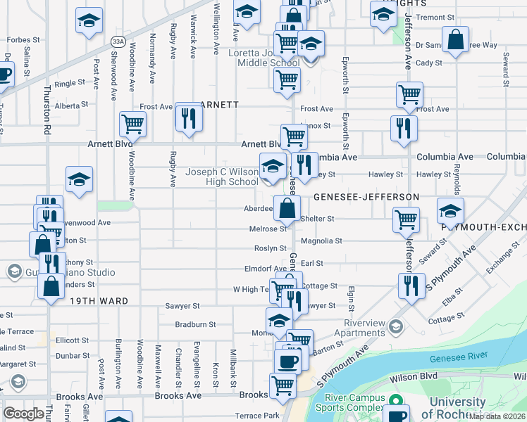map of restaurants, bars, coffee shops, grocery stores, and more near 82 Melrose Street in Rochester