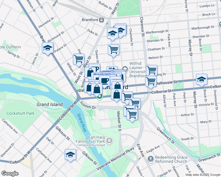 map of restaurants, bars, coffee shops, grocery stores, and more near 93 Dalhousie Street in Brantford