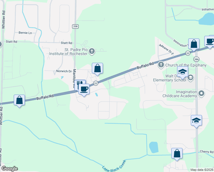 map of restaurants, bars, coffee shops, grocery stores, and more near 3505 Buffalo Road in Rochester