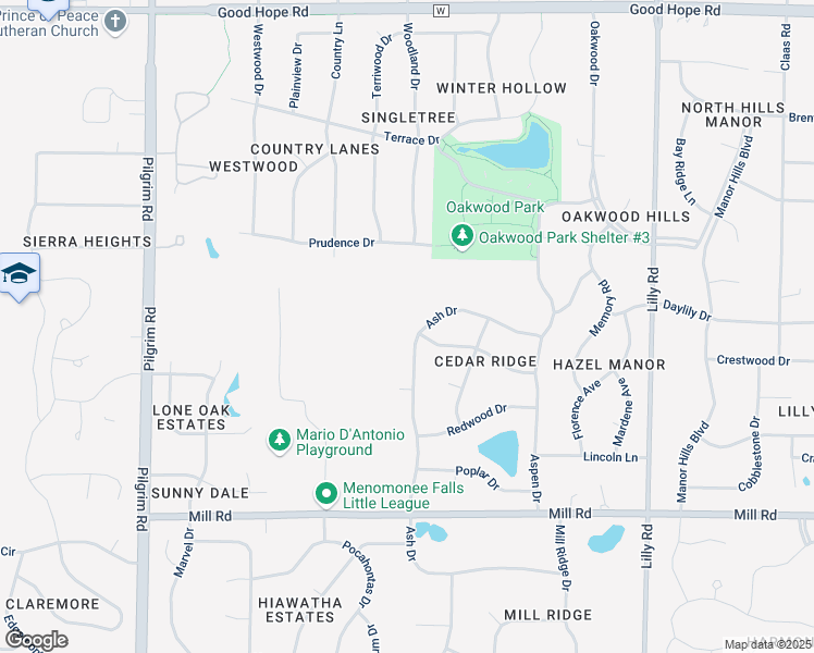 map of restaurants, bars, coffee shops, grocery stores, and more near N67W14722 Ash Drive in Menomonee Falls