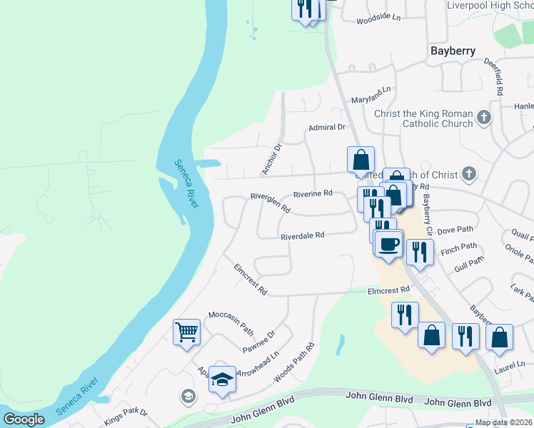 map of restaurants, bars, coffee shops, grocery stores, and more near 229 Riverdale Road in Liverpool