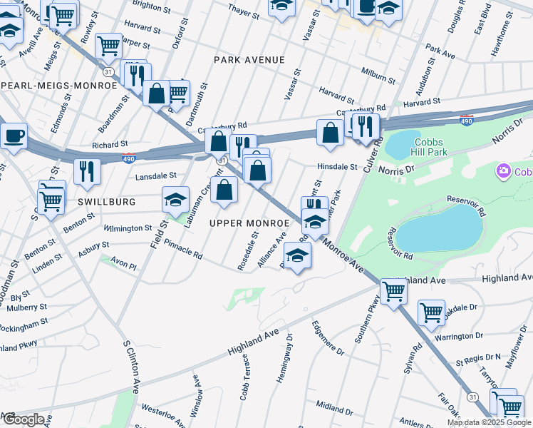 map of restaurants, bars, coffee shops, grocery stores, and more near 18 Shepard Street in Rochester