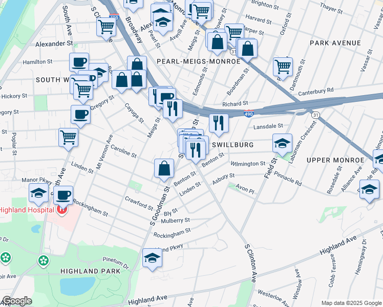 map of restaurants, bars, coffee shops, grocery stores, and more near 30 Henrietta Street in Rochester