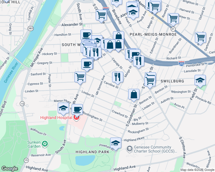 map of restaurants, bars, coffee shops, grocery stores, and more near 45 Washburn Park in Rochester