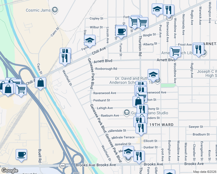 map of restaurants, bars, coffee shops, grocery stores, and more near 145 Inglewood Drive in Rochester