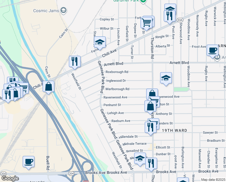 map of restaurants, bars, coffee shops, grocery stores, and more near 193 Inglewood Drive in Rochester