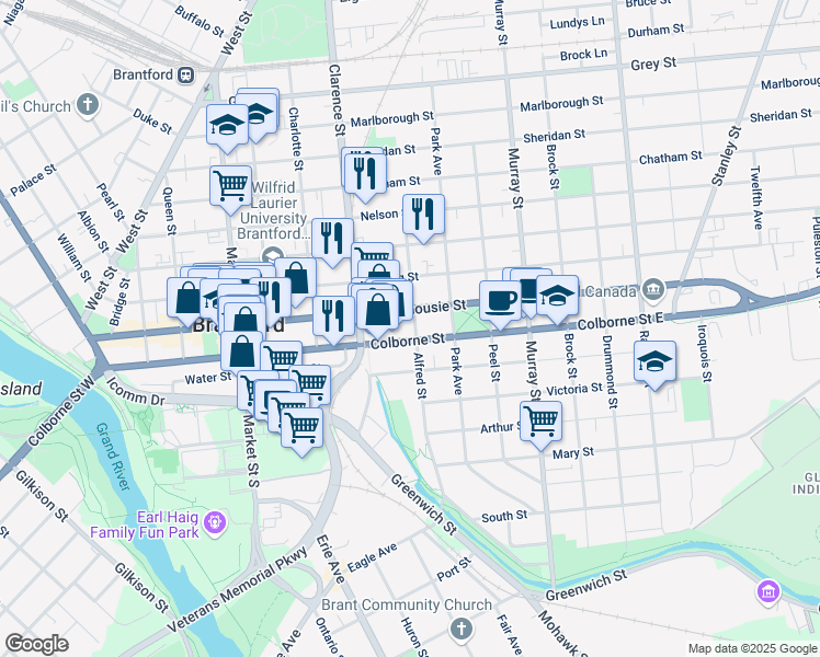 map of restaurants, bars, coffee shops, grocery stores, and more near 216 Dalhousie Street in Brantford