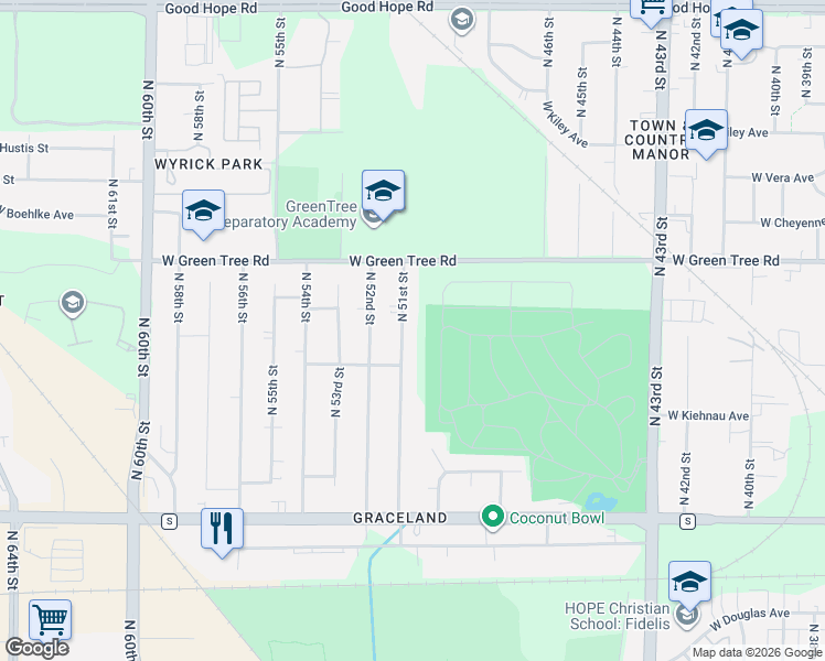 map of restaurants, bars, coffee shops, grocery stores, and more near 6728 North 51st Street in Milwaukee