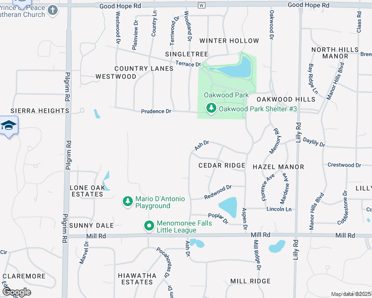 map of restaurants, bars, coffee shops, grocery stores, and more near N67W14722 Ash Drive in Menomonee Falls