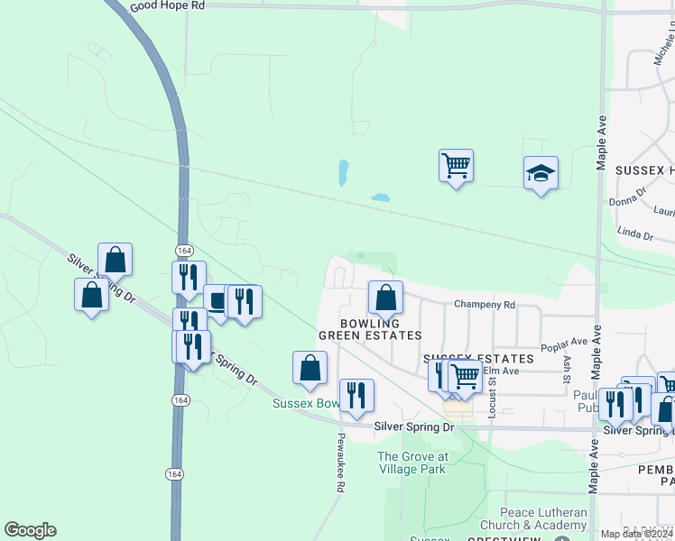 map of restaurants, bars, coffee shops, grocery stores, and more near W246N6704 Champeny Road in Sussex