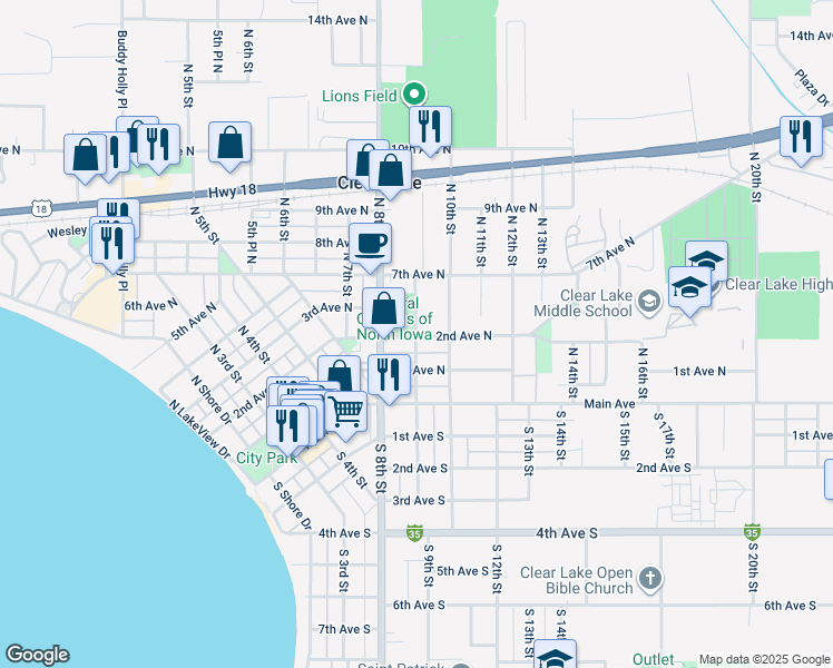 map of restaurants, bars, coffee shops, grocery stores, and more near 214 N 9th St in Clear Lake
