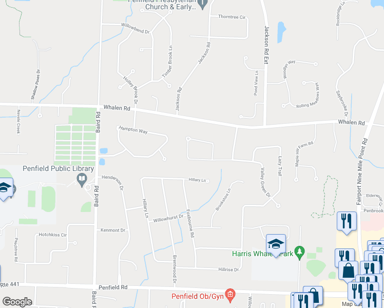 map of restaurants, bars, coffee shops, grocery stores, and more near 192 Valley Green Drive in Penfield