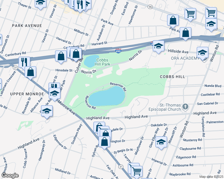 map of restaurants, bars, coffee shops, grocery stores, and more near 80 Culver Road in Rochester