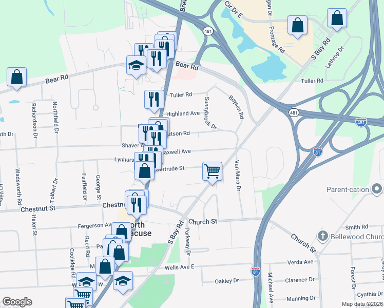 map of restaurants, bars, coffee shops, grocery stores, and more near 116 1/2 Watson Road in Syracuse